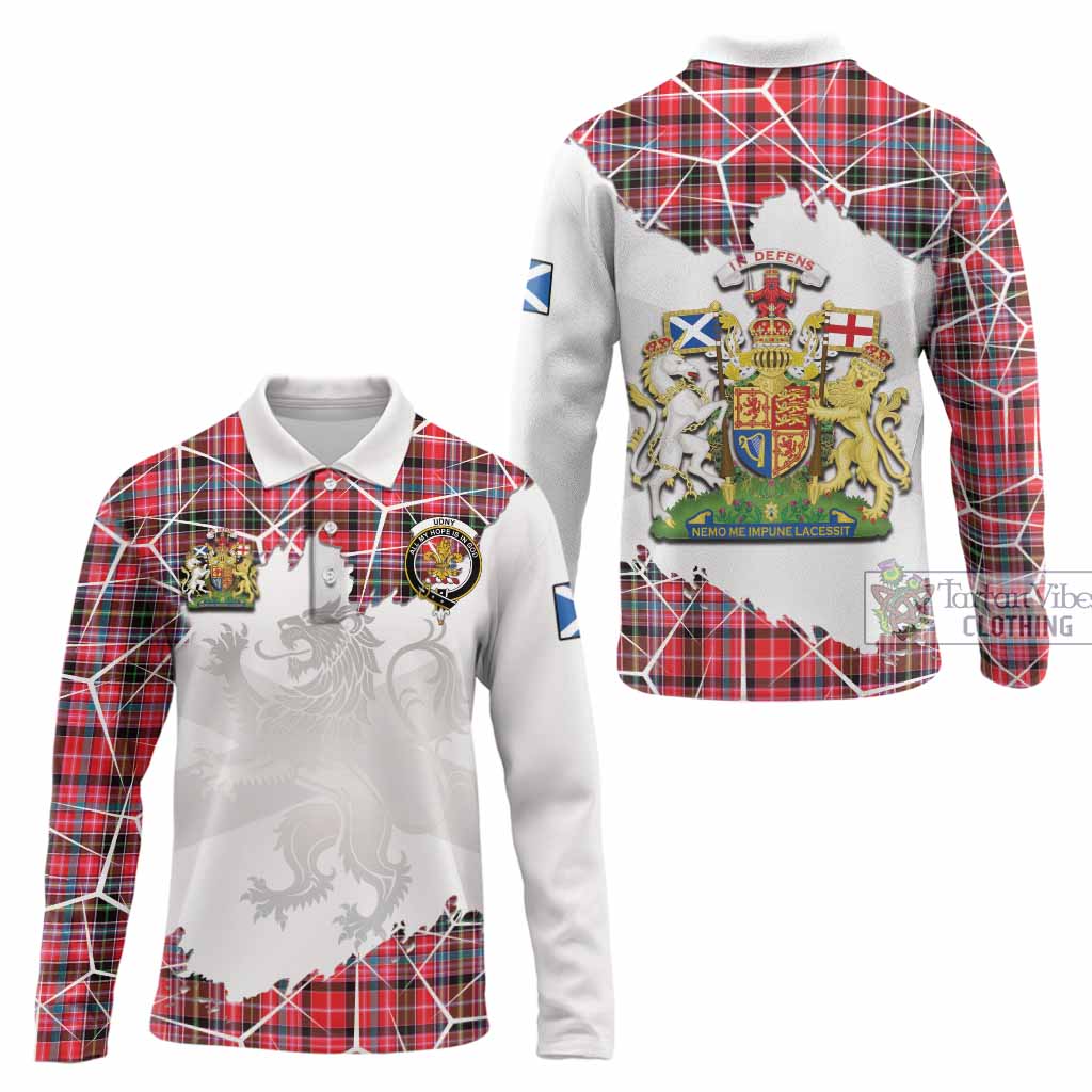 Udny Tartan Long Sleeve Polo Shirt with Family Crest and Lion Rampant Grunge Style