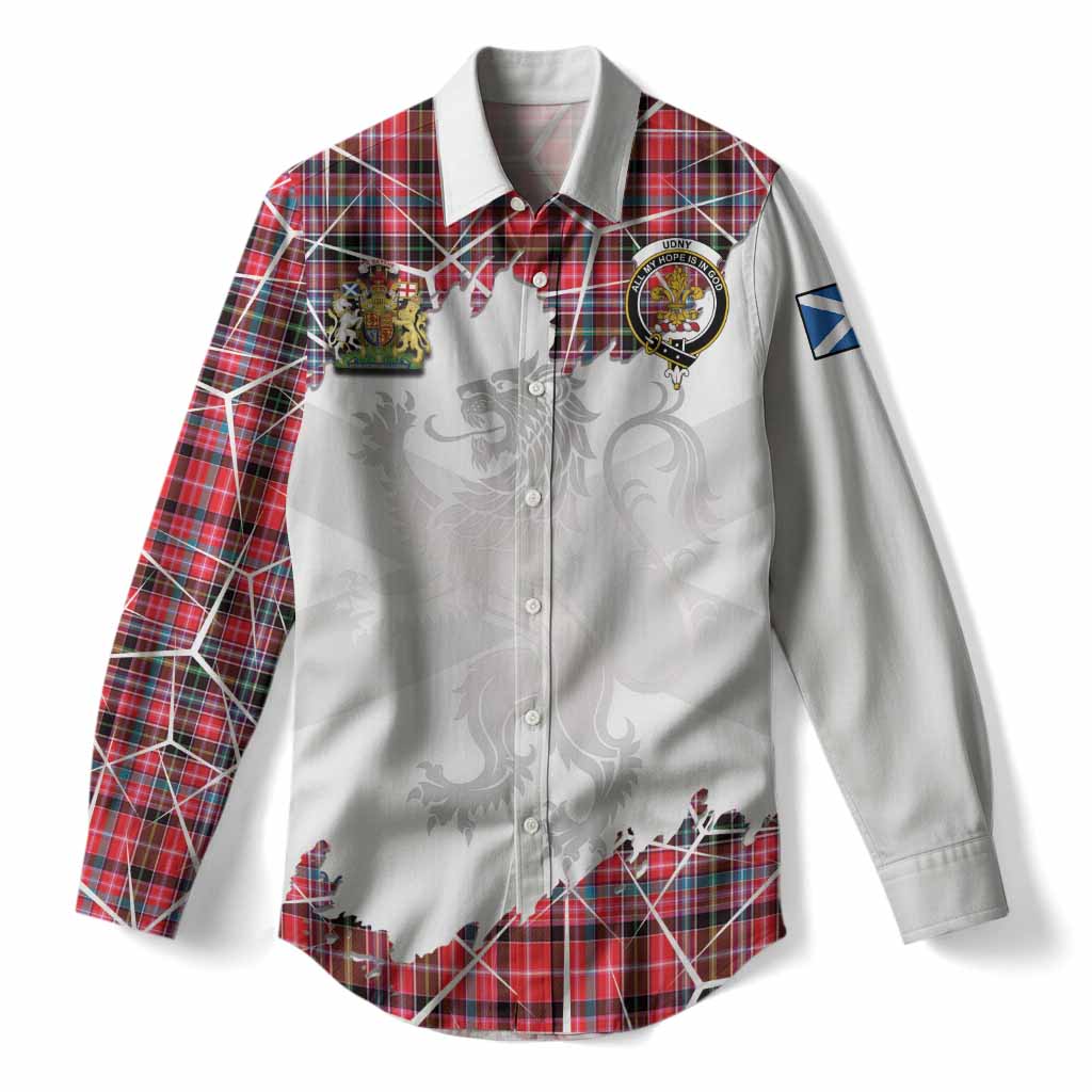 Udny Tartan Women Casual Shirt with Family Crest and Lion Rampant Grunge Style