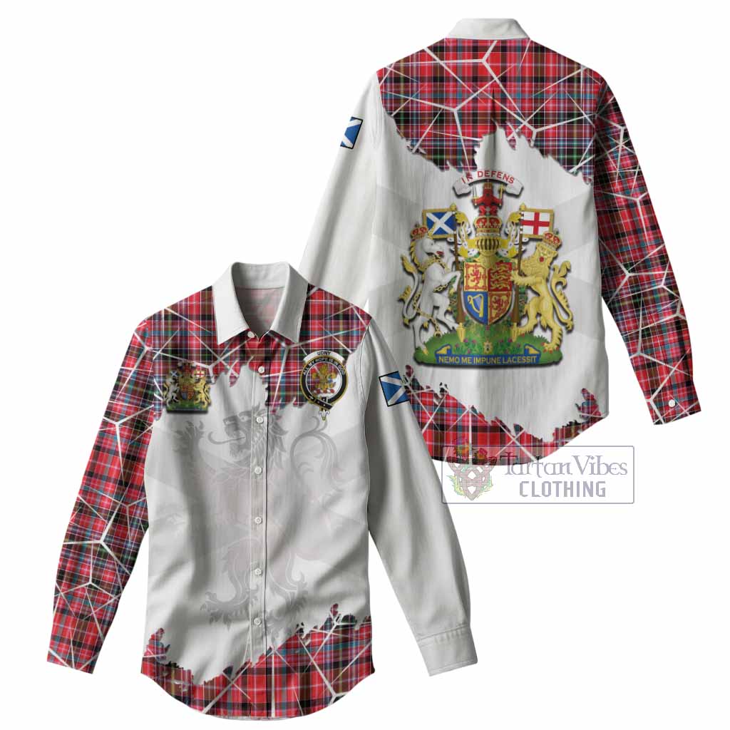 Udny Tartan Women Casual Shirt with Family Crest and Lion Rampant Grunge Style