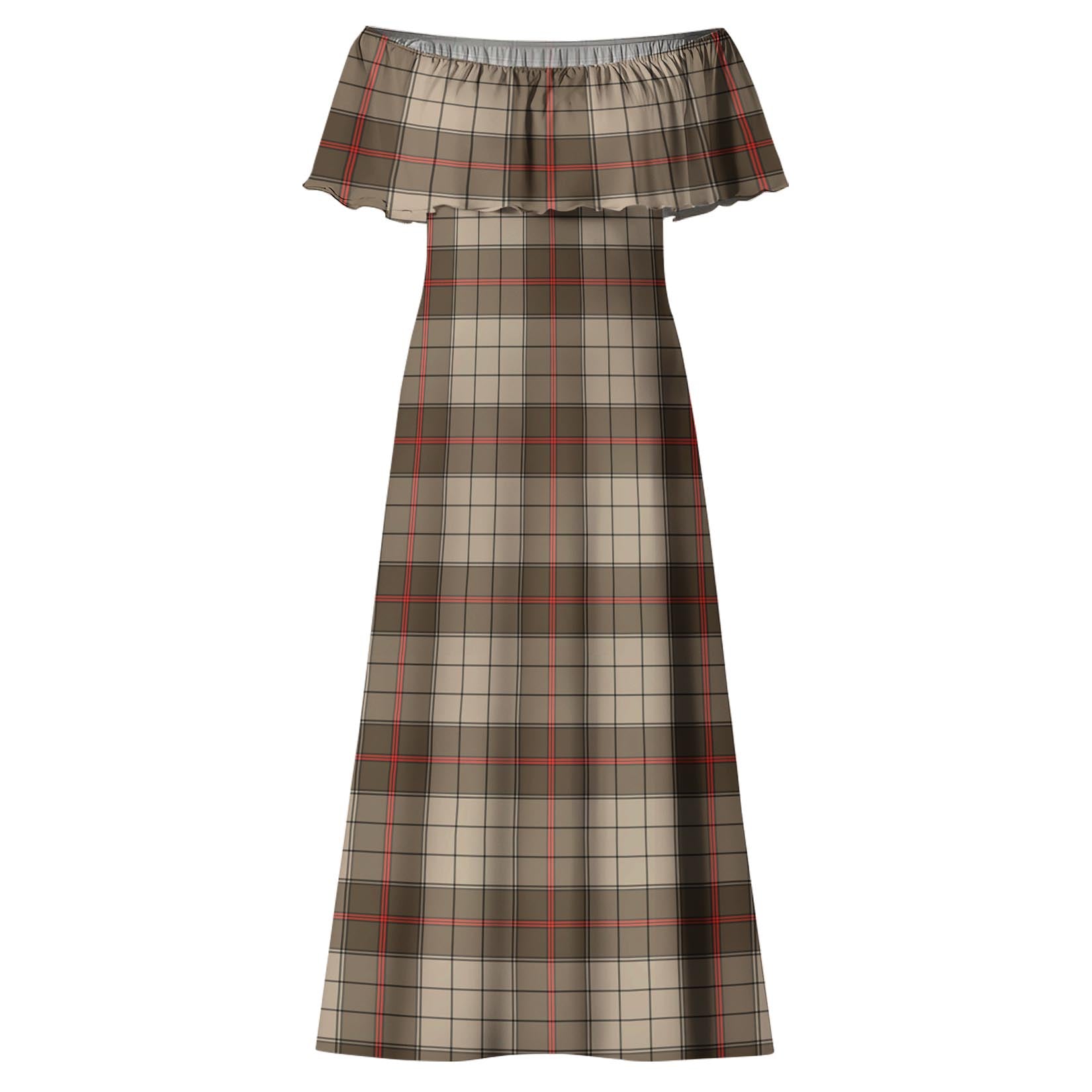 Ulster Brown Modern Tartan Off Shoulder Long Dress - Tartanvibesclothing