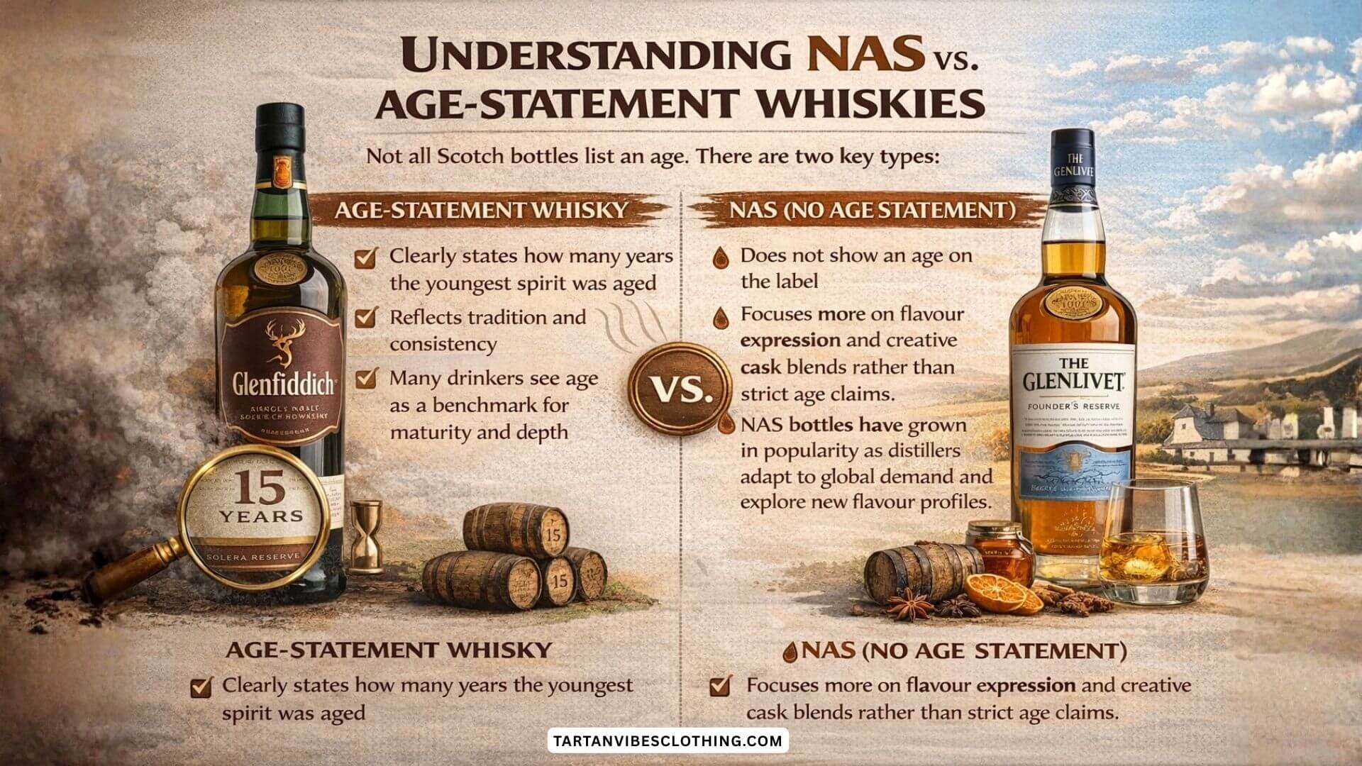 NAS vs age statement Scotch whisky infographic explaining differences between no age statement and aged whiskies