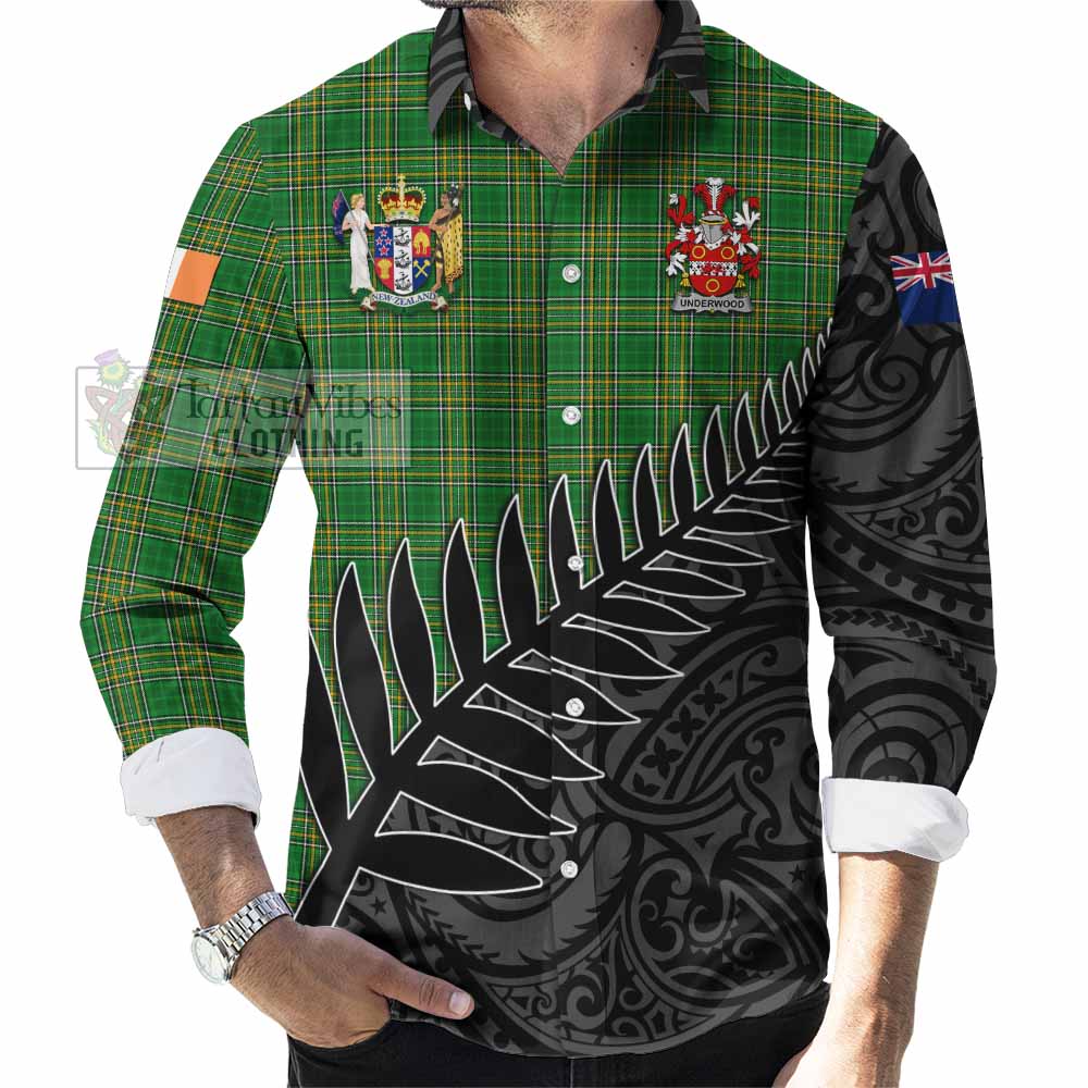 Tartan Vibes Clothing Underwood Irish Clan Tartan Long Sleeve Button Shirt with Coat of Arms New Zealand Silver Fern Half Style