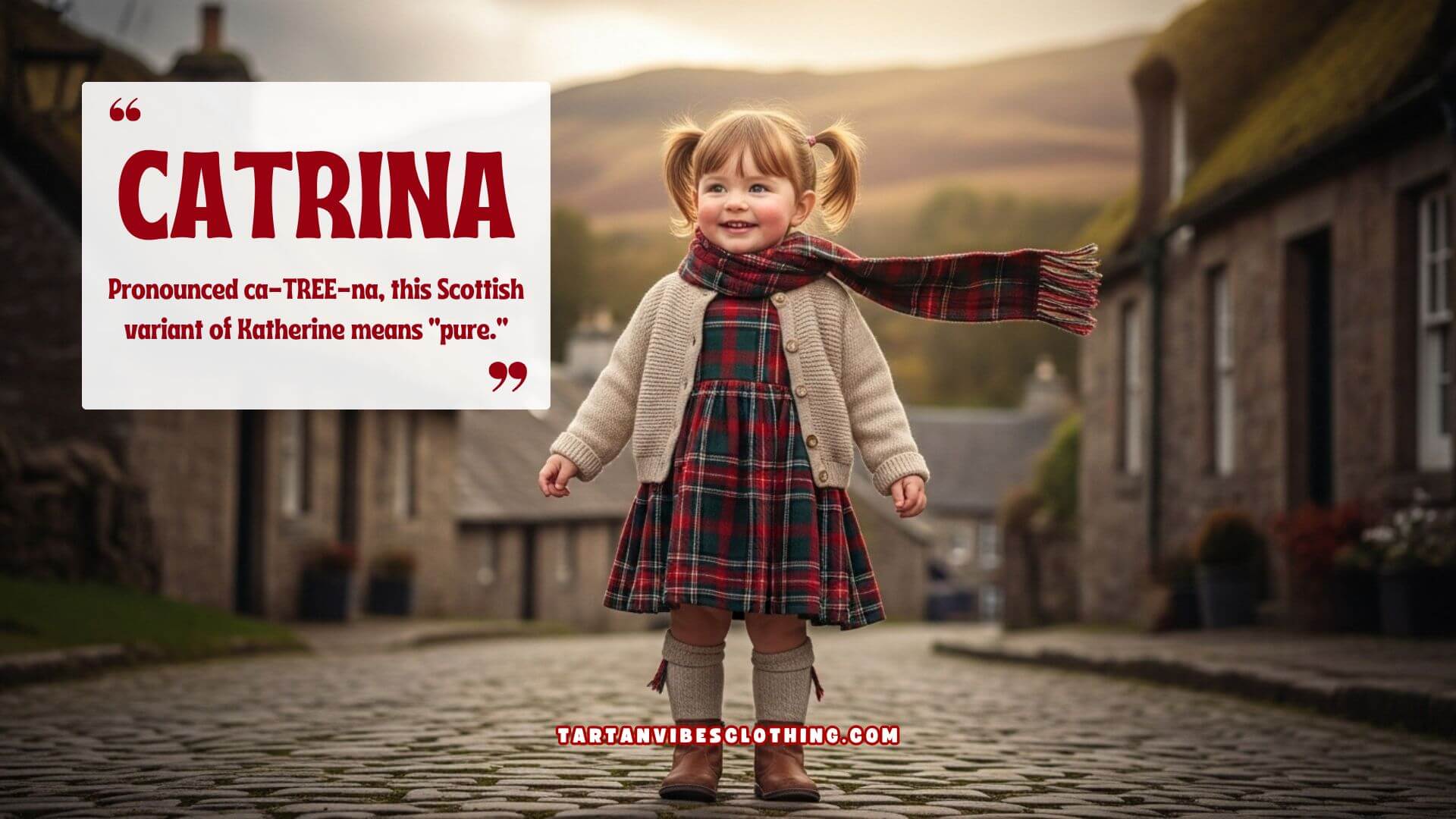 Smiling young girl standing on a cobblestone street in a Scottish village, wearing a tartan dress, scarf, and cardigan, with the name “Catrina” and text explaining it is a Scottish variant of Katherine meaning “pure.”