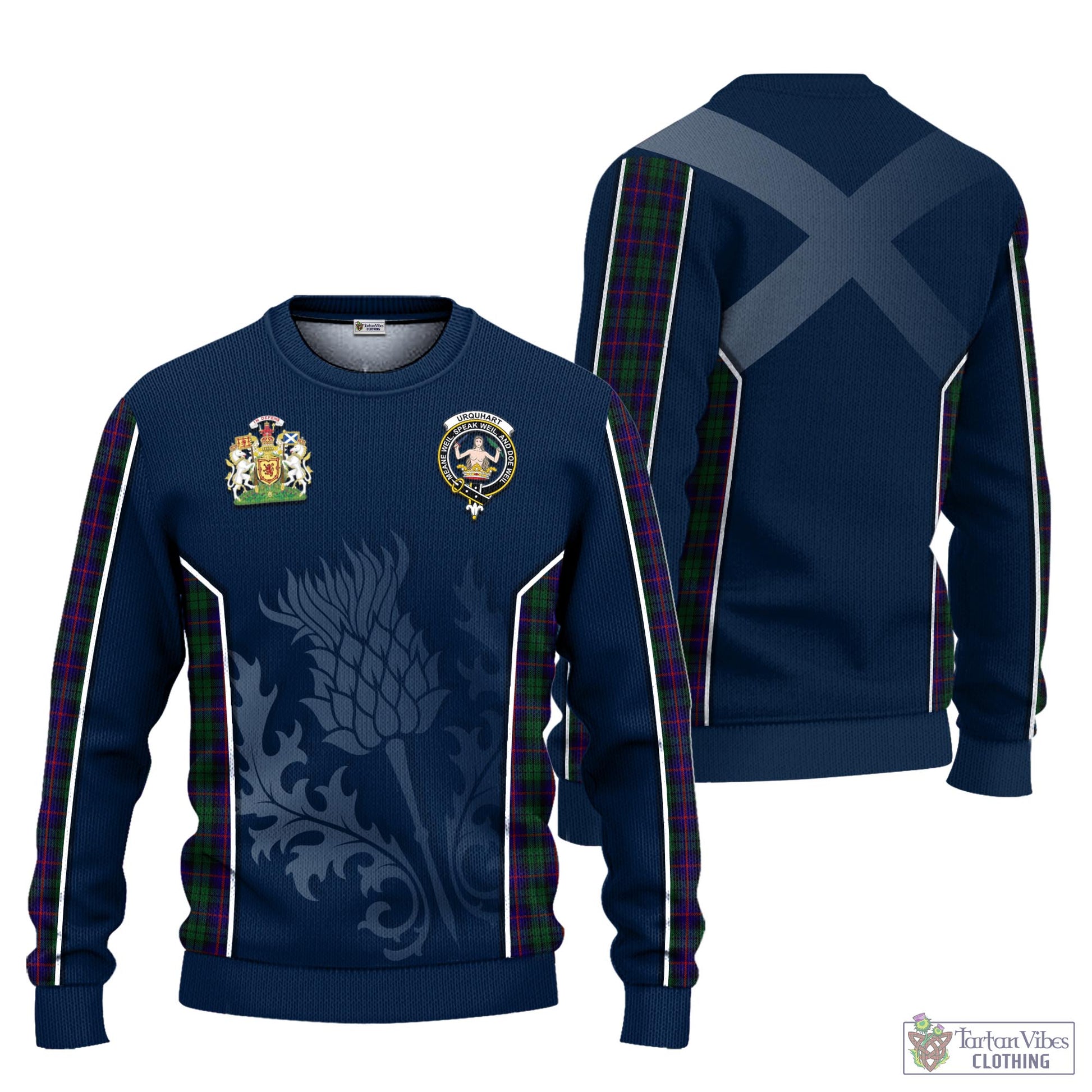 Tartan Vibes Clothing Urquhart Tartan Knitted Sweatshirt with Family Crest and Scottish Thistle Vibes Sport Style