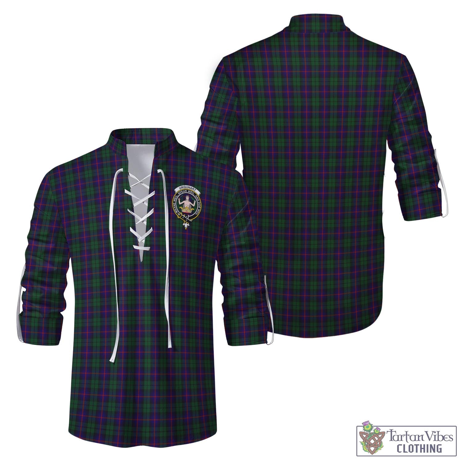 Tartan Vibes Clothing Urquhart Tartan Men's Scottish Traditional Jacobite Ghillie Kilt Shirt with Family Crest