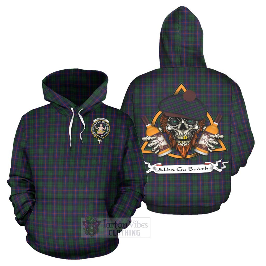 Tartan Vibes Clothing Urquhart Tartan Hoodie with Family Crest and Bearded Skull Holding Bottles of Whiskey