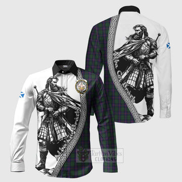 Tartan Vibes Clothing Urquhart Tartan Clan Crest Long Sleeve Button Shirt with Highlander Warrior Celtic Style
