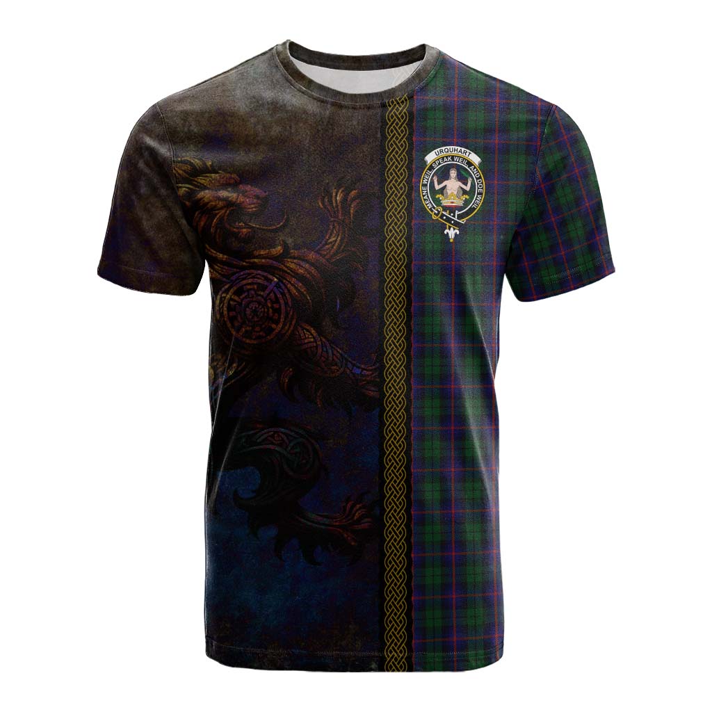 Tartan Vibes Clothing Urquhart Tartan Family Crest Cotton T-shirt Alba Gu Brath Be Brave Lion Ancient Style