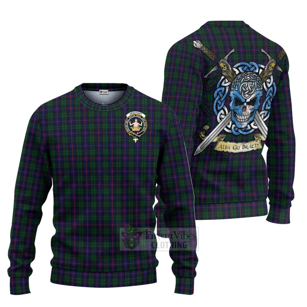 Tartan Vibes Clothing Urquhart Tartan Knitted Sweater with Family Crest Celtic Skull Style