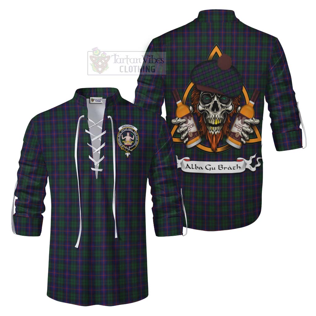 Tartan Vibes Clothing Urquhart Tartan Ghillie Kilt Shirt with Family Crest and Bearded Skull Holding Bottles of Whiskey