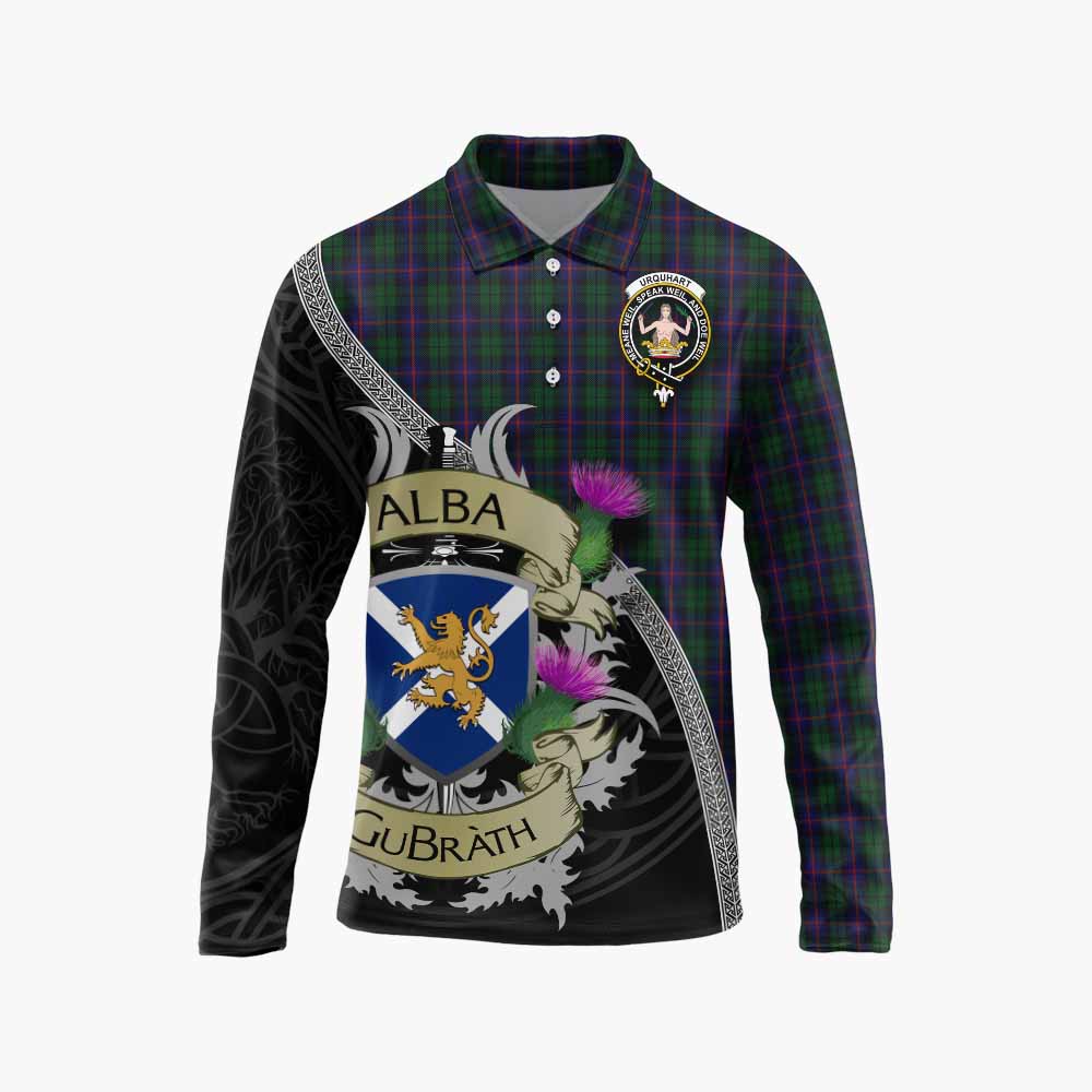 Tartan Vibes Clothing Urquhart Tartan Family Crest Long Sleeve Polo Shirt Lion Rampant Royal Thistle Shield Celtic Inspired