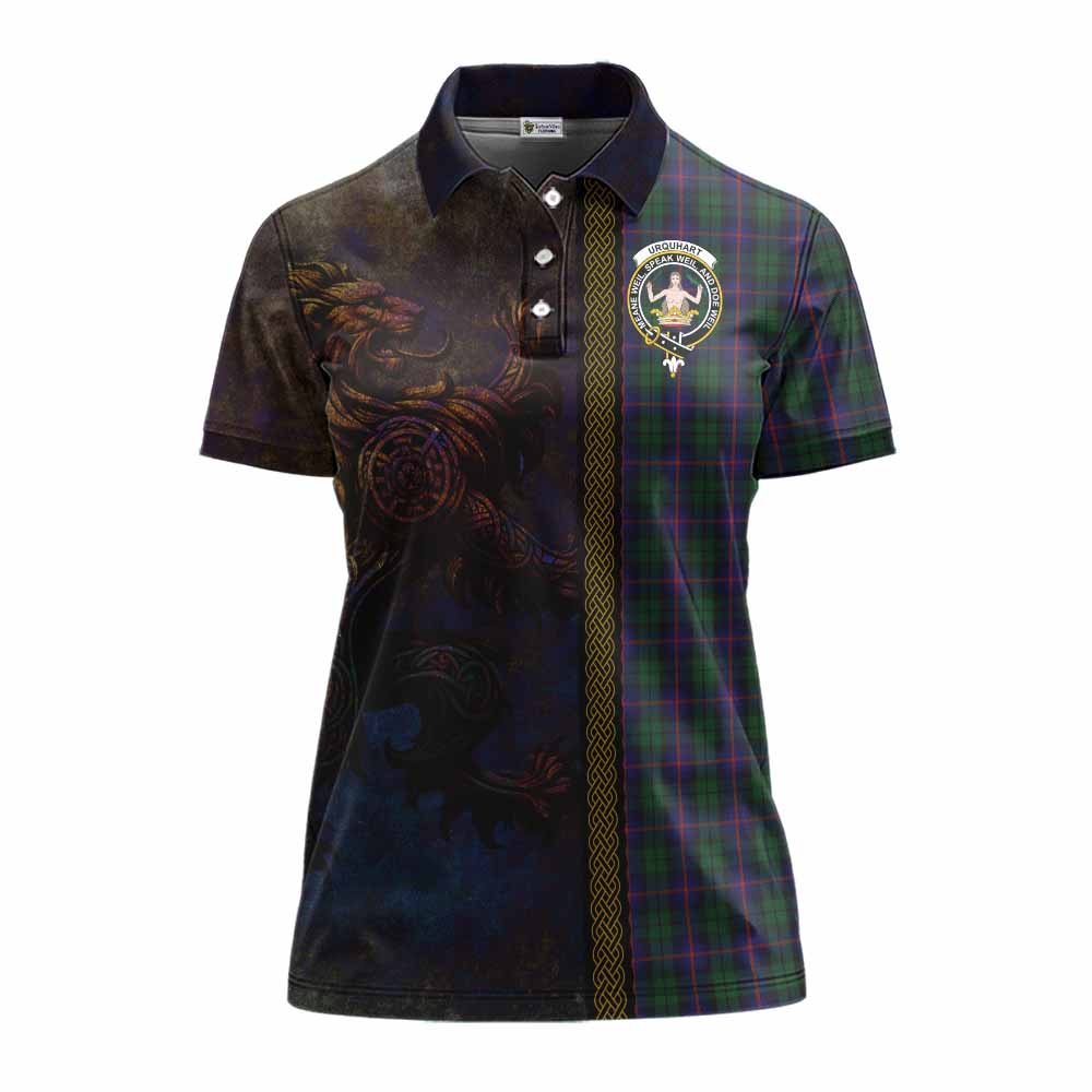 Tartan Vibes Clothing Urquhart Tartan Family Crest Women's Polo Shirt Alba Gu Brath Be Brave Lion Ancient Style