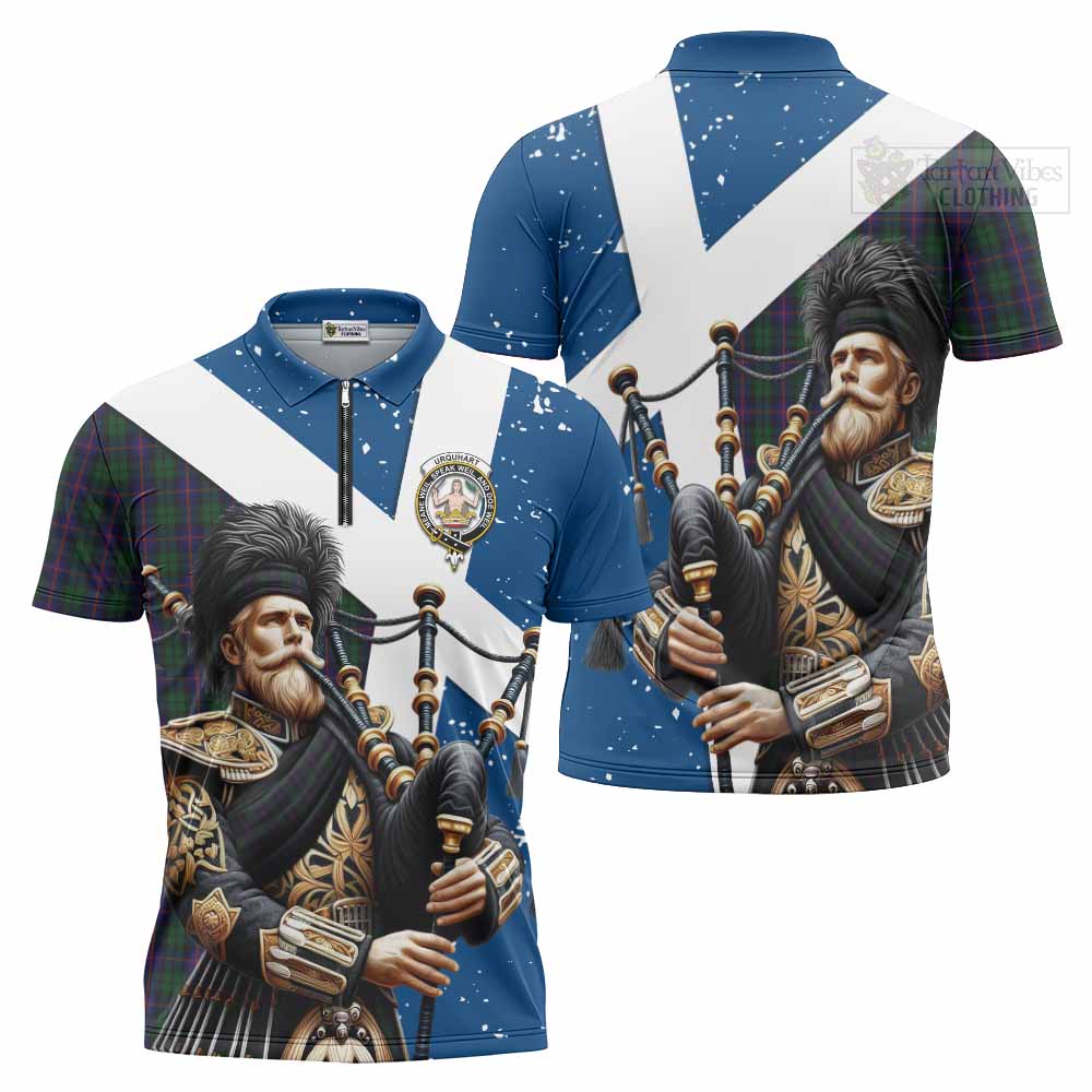Tartan Vibes Clothing Urquhart Tartan Zipper Polo Shirt with Family Crest Scottish Bagpiper Vibes