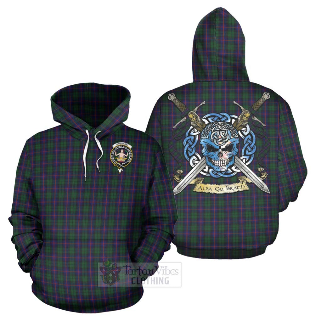 Tartan Vibes Clothing Urquhart Tartan Hoodie with Family Crest Celtic Skull Style