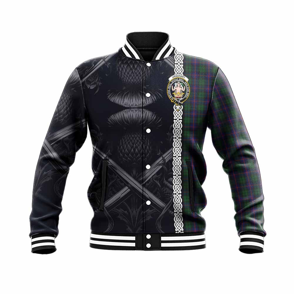 Tartan Vibes Clothing Urquhart Tartan Baseball Jacket with Family Crest Cross Sword Thistle Celtic Vibes