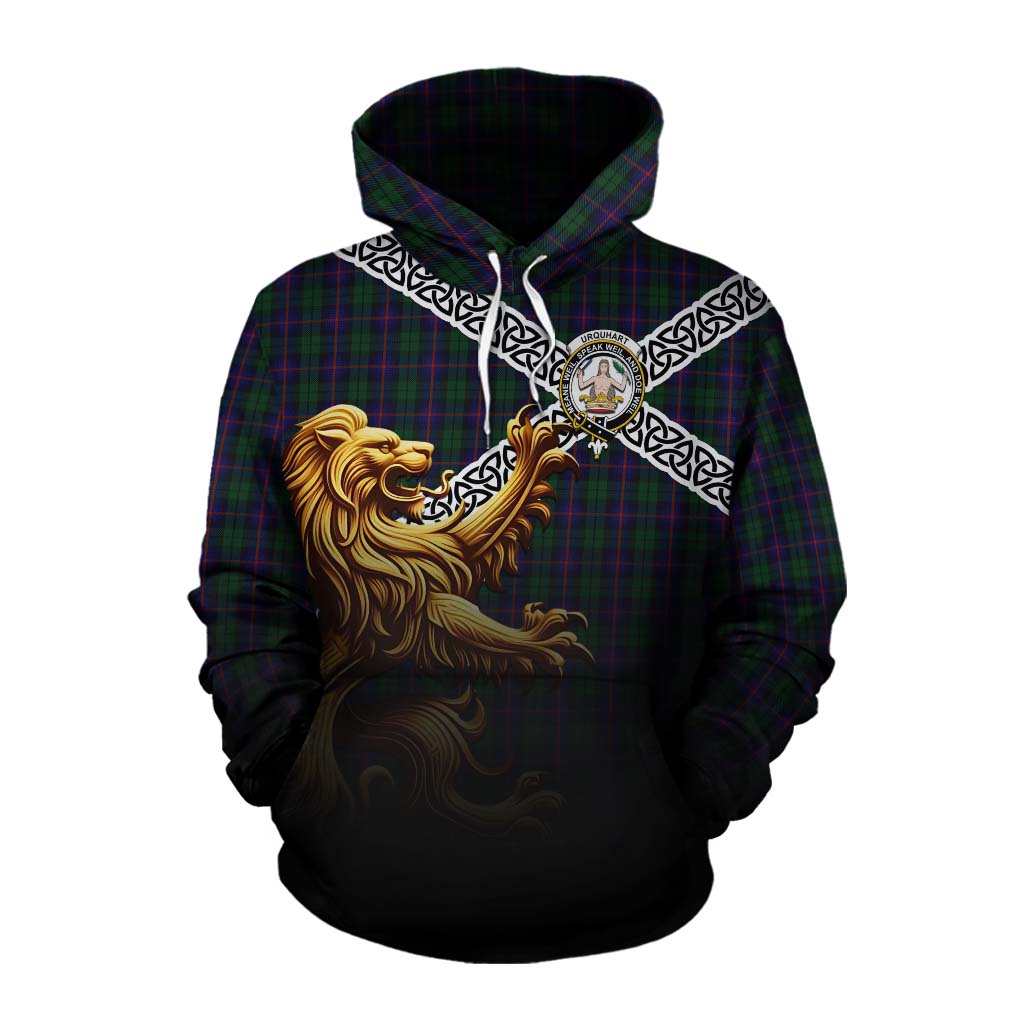 Tartan Vibes Clothing Urquhart Crest Tartan Cotton Hoodie with Golden Lion Emblem Celtic Style