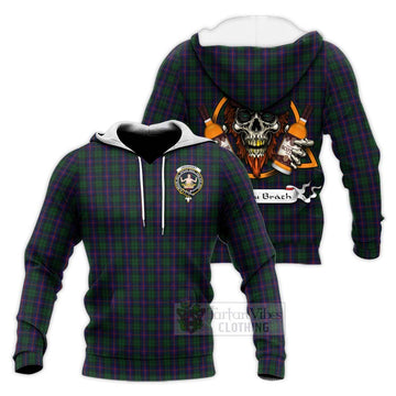 Urquhart Tartan Knitted Hoodie with Family Crest and Bearded Skull Holding Bottles of Whiskey
