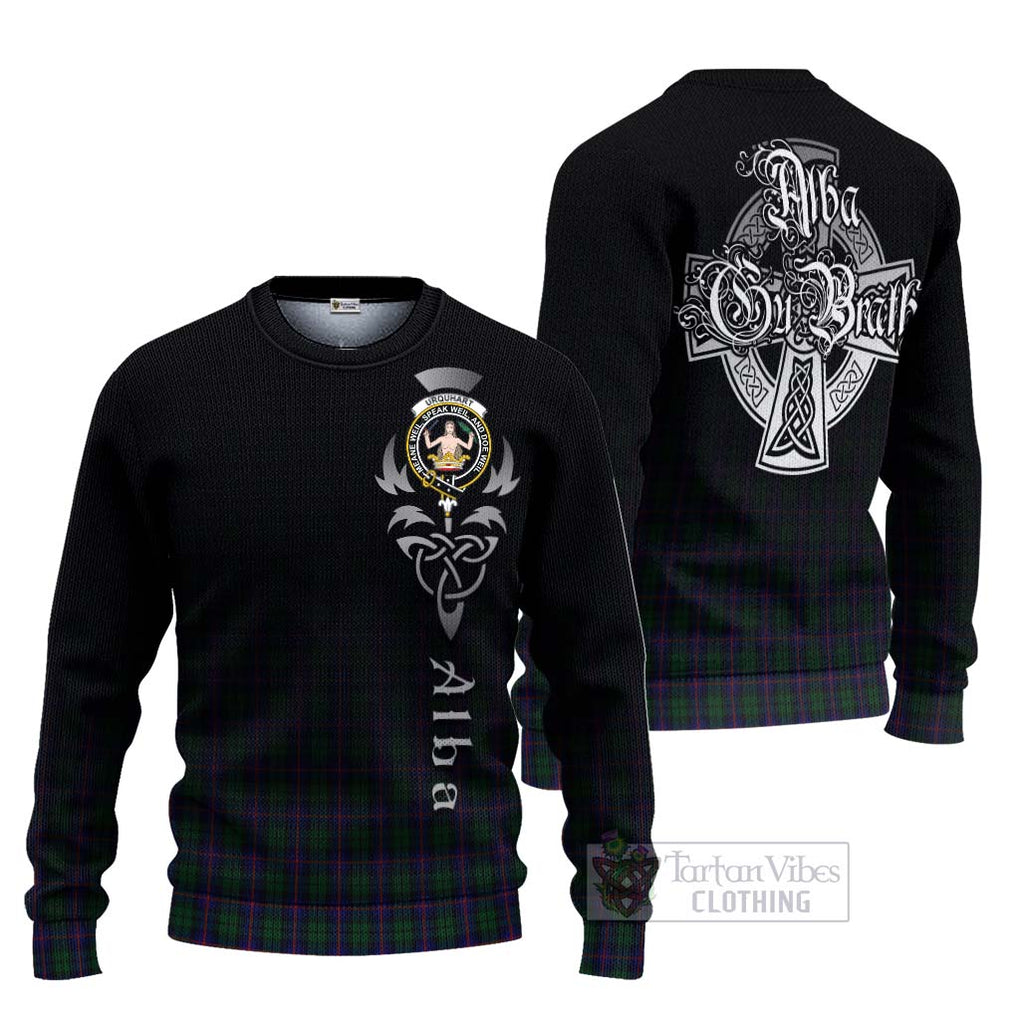 Tartan Vibes Clothing Urquhart Tartan Knitted Sweater Featuring Alba Gu Brath Family Crest Celtic Inspired