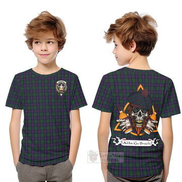 Tartan Vibes Clothing Urquhart Tartan Kid T-Shirt with Family Crest and Bearded Skull Holding Bottles of Whiskey