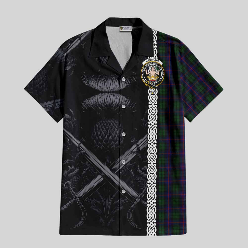 Tartan Vibes Clothing Urquhart Tartan Short Sleeve Button Shirt with Family Crest Cross Sword Thistle Celtic Vibes