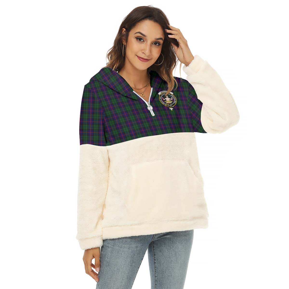 urquhart-tartan-womens-borg-fleece-hoodie-with-half-zip-with-family-crest