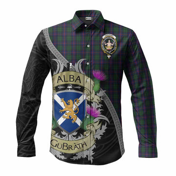 Tartan Vibes Clothing Urquhart Tartan Family Crest Long Sleeve Button Shirt Lion Rampant Royal Thistle Shield Celtic Inspired
