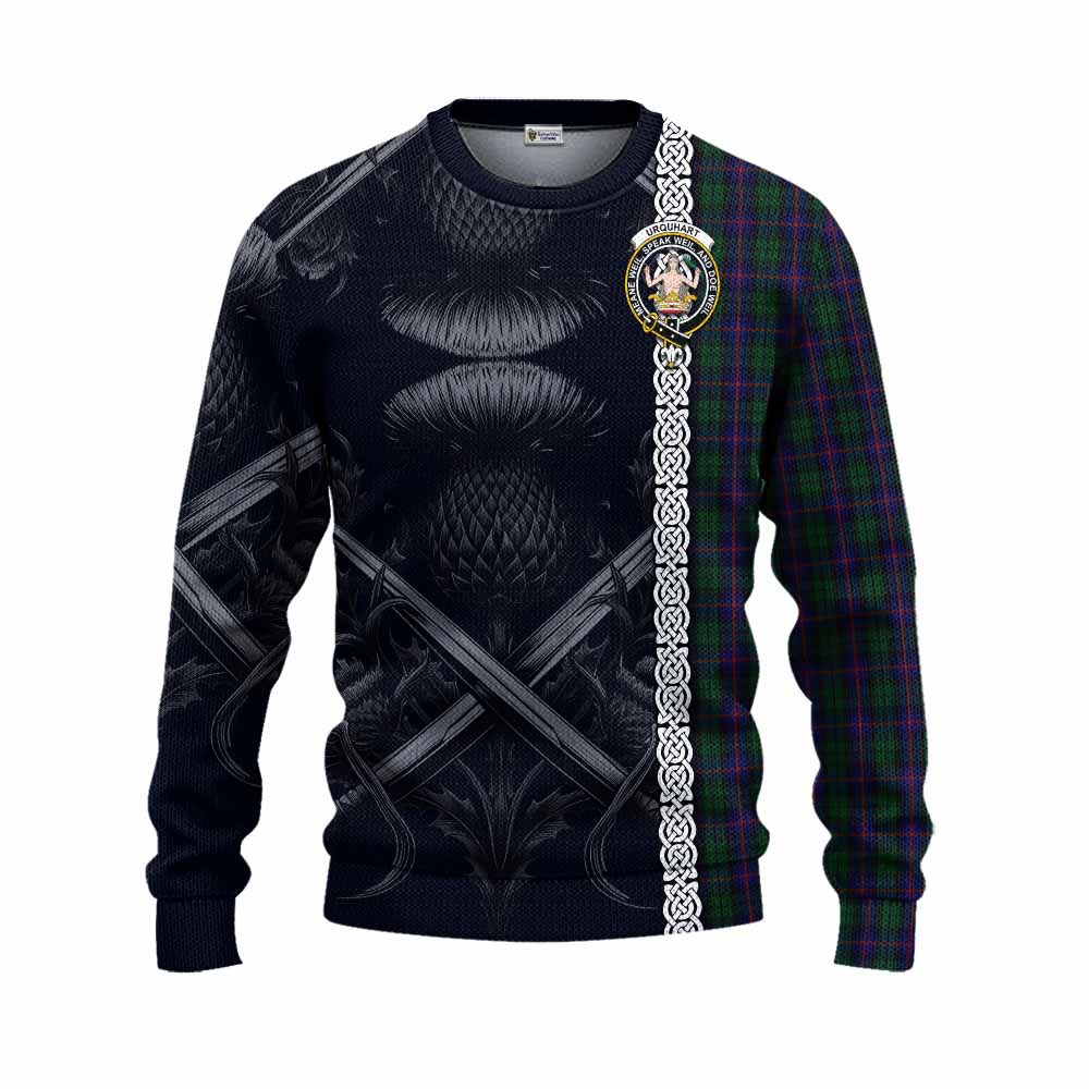 Tartan Vibes Clothing Urquhart Tartan Knitted Sweater with Family Crest Cross Sword Thistle Celtic Vibes