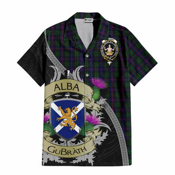 Tartan Vibes Clothing Urquhart Tartan Family Crest Short Sleeve Button Shirt Lion Rampant Royal Thistle Shield Celtic Inspired