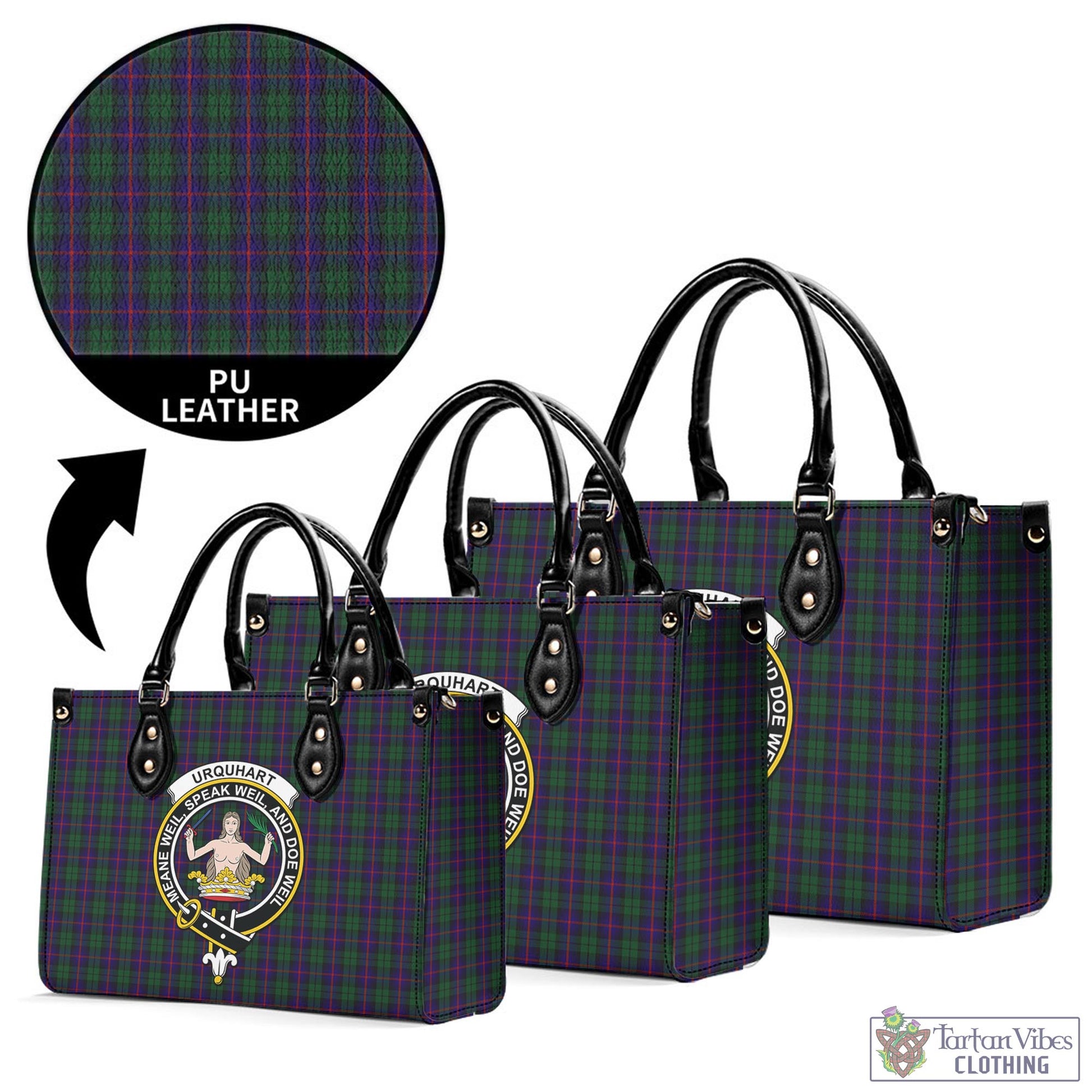 Tartan Vibes Clothing Urquhart Tartan Luxury Leather Handbags with Family Crest
