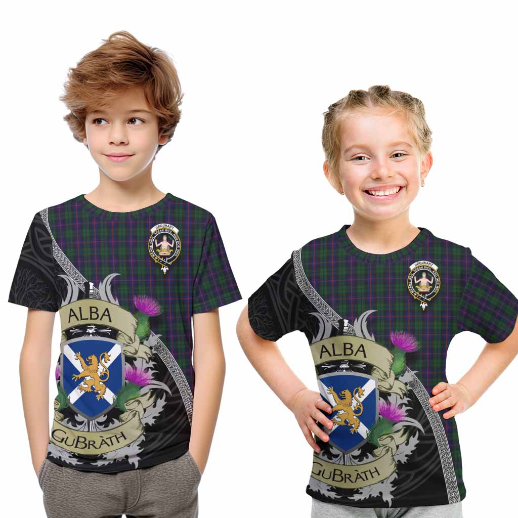 Tartan Vibes Clothing Urquhart Tartan Family Crest Kid T-Shirt Lion Rampant Royal Thistle Shield Celtic Inspired