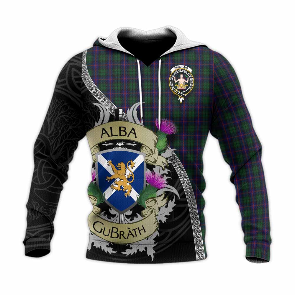 Tartan Vibes Clothing Urquhart Tartan Family Crest Knitted Hoodie Lion Rampant Royal Thistle Shield Celtic Inspired