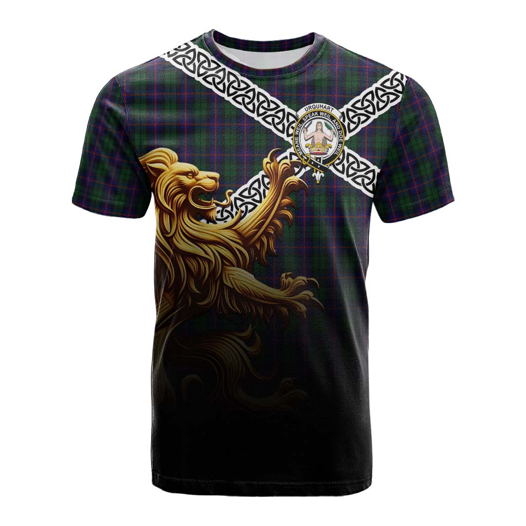 Tartan Vibes Clothing Urquhart Crest Tartan Cotton T-shirt with Golden Lion Emblem Celtic Style