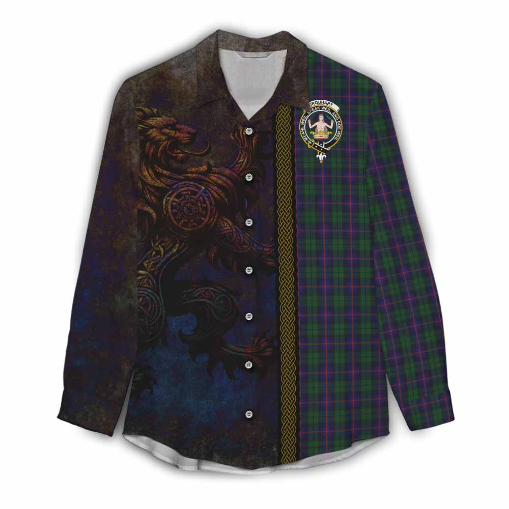 Tartan Vibes Clothing Urquhart Tartan Family Crest Women's Casual Shirt Alba Gu Brath Be Brave Lion Ancient Style