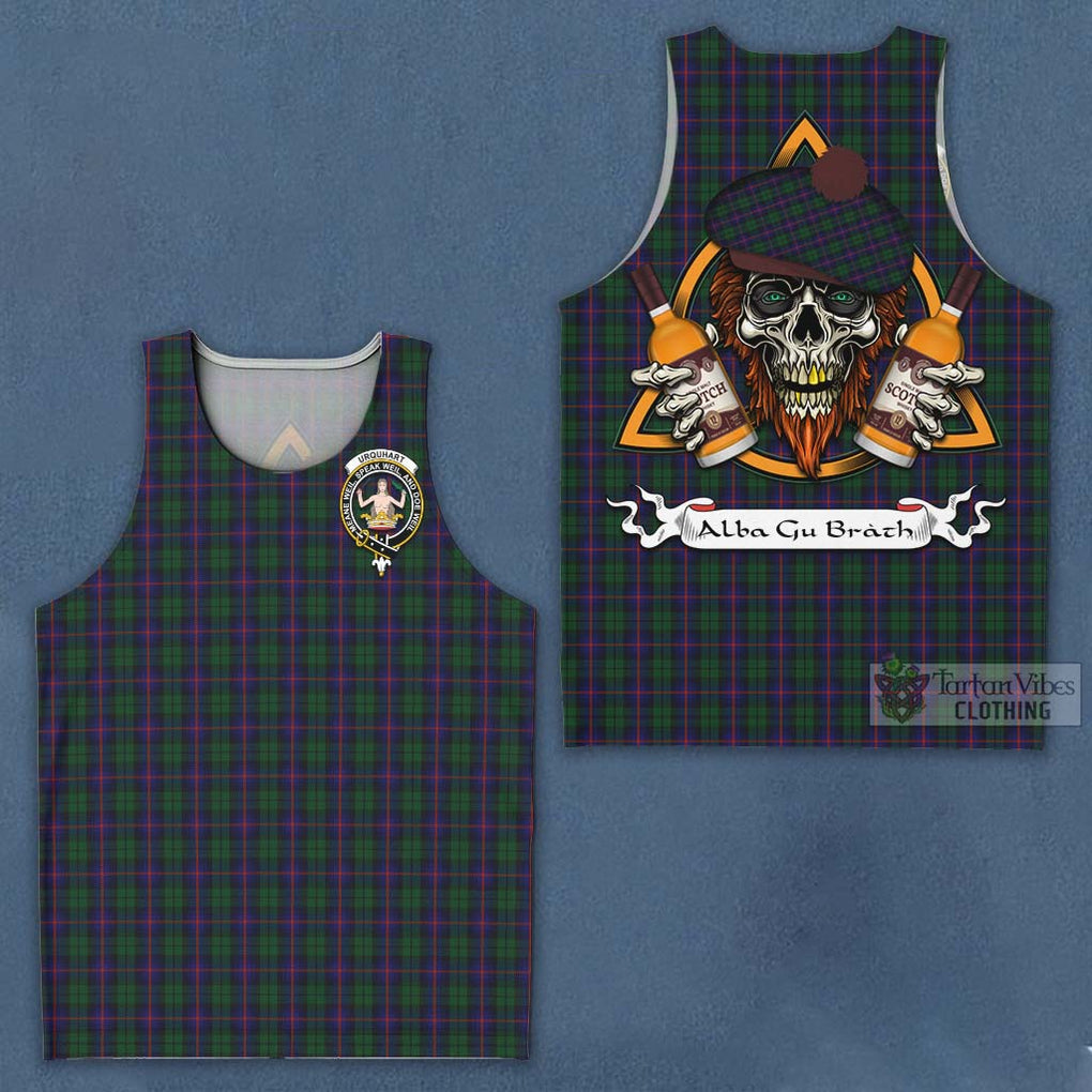 Tartan Vibes Clothing Urquhart Tartan Men's Tank Top with Family Crest and Bearded Skull Holding Bottles of Whiskey