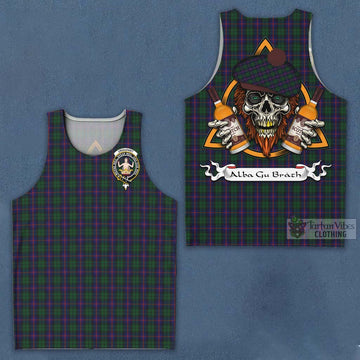 Tartan Vibes Clothing Urquhart Tartan Men's Tank Top with Family Crest and Bearded Skull Holding Bottles of Whiskey