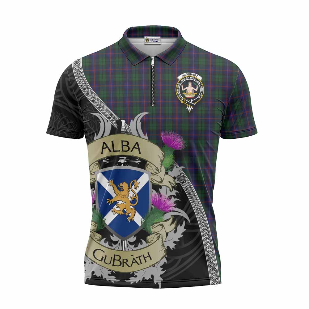 Tartan Vibes Clothing Urquhart Tartan Family Crest Zipper Polo Shirt Lion Rampant Royal Thistle Shield Celtic Inspired