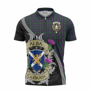 Urquhart Tartan Family Crest Zipper Polo Shirt Lion Rampant Royal Thistle Shield Celtic Inspired