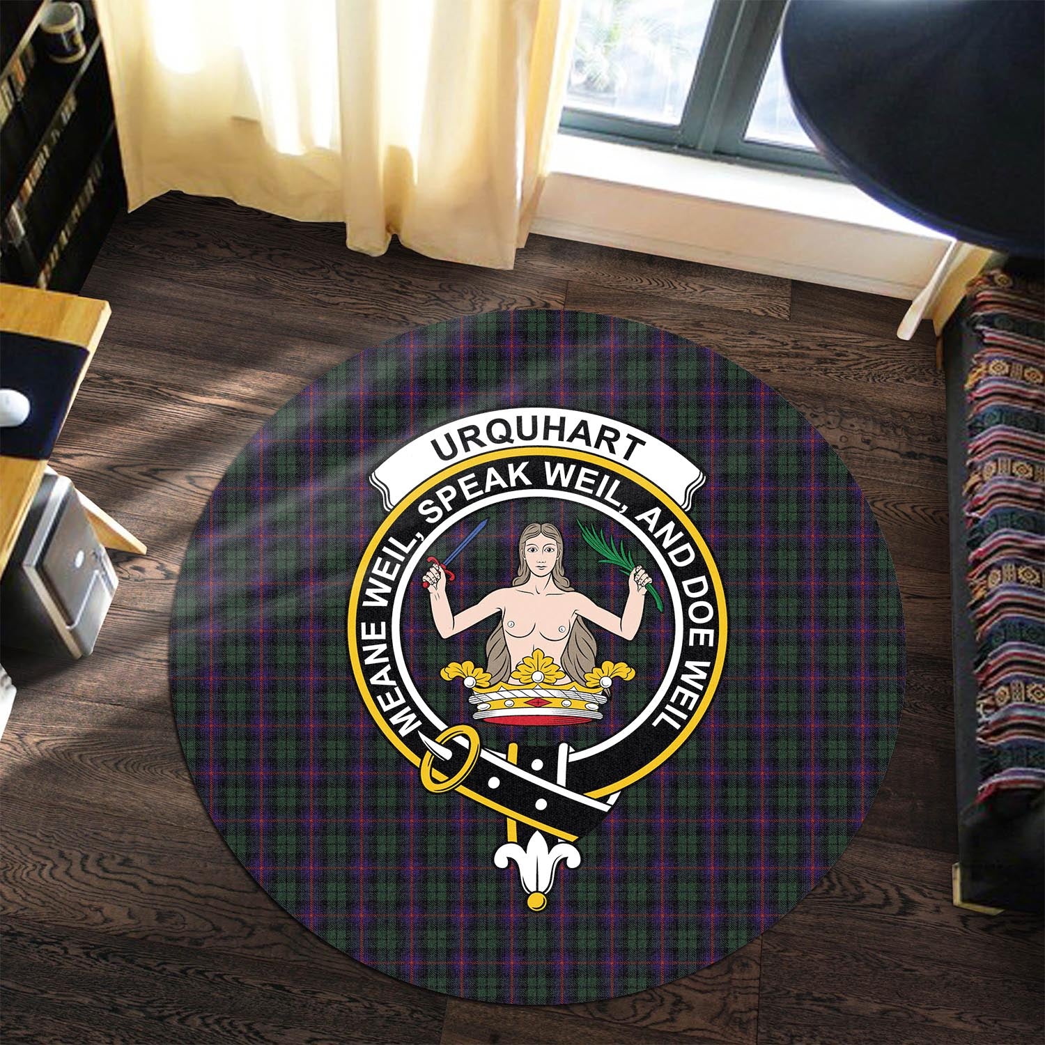urquhart-tartan-round-rug-with-family-crest