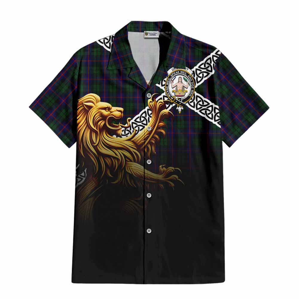 Tartan Vibes Clothing Urquhart Crest Tartan Short Sleeve Button Shirt with Golden Lion Emblem Celtic Style