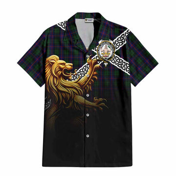 Tartan Vibes Clothing Urquhart Crest Tartan Short Sleeve Button Shirt with Golden Lion Emblem Celtic Style