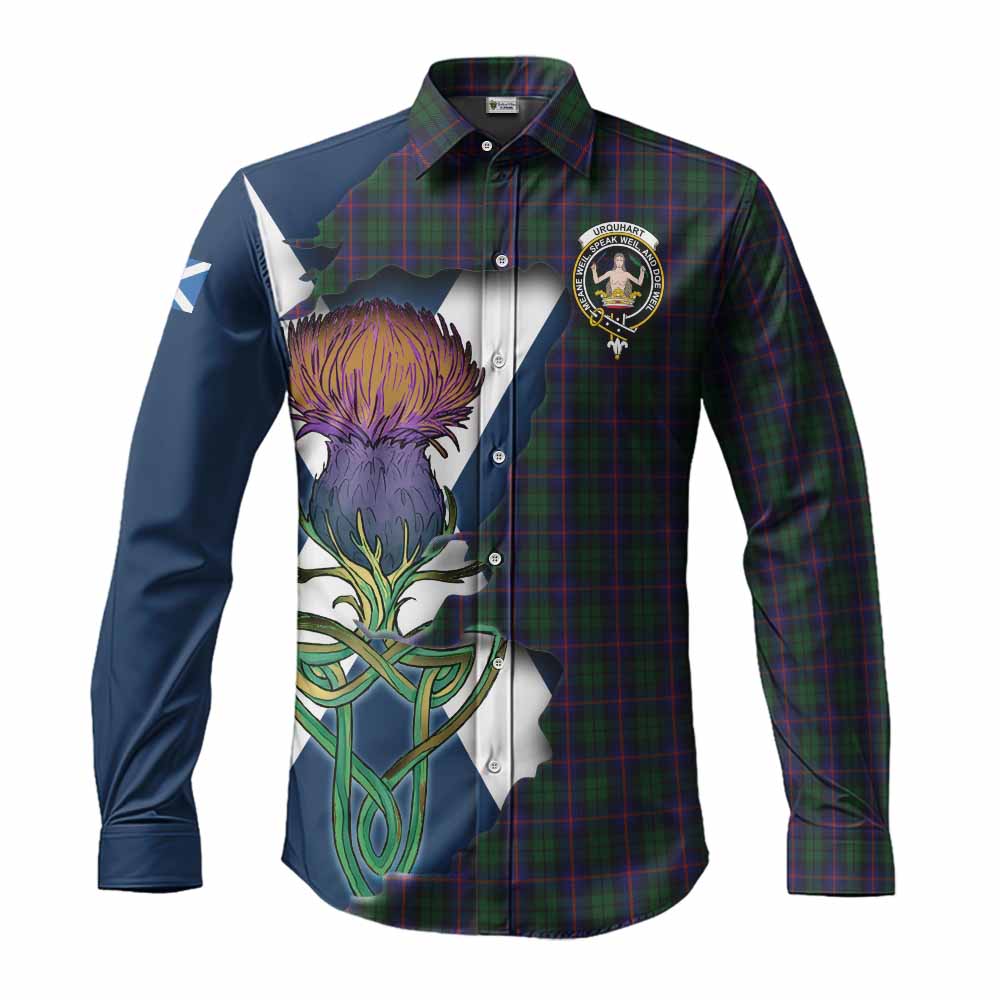 Tartan Vibes Clothing Urquhart Tartan Family Crest Long Sleeve Button Shirt Scottish Thistle Celtic Inspired