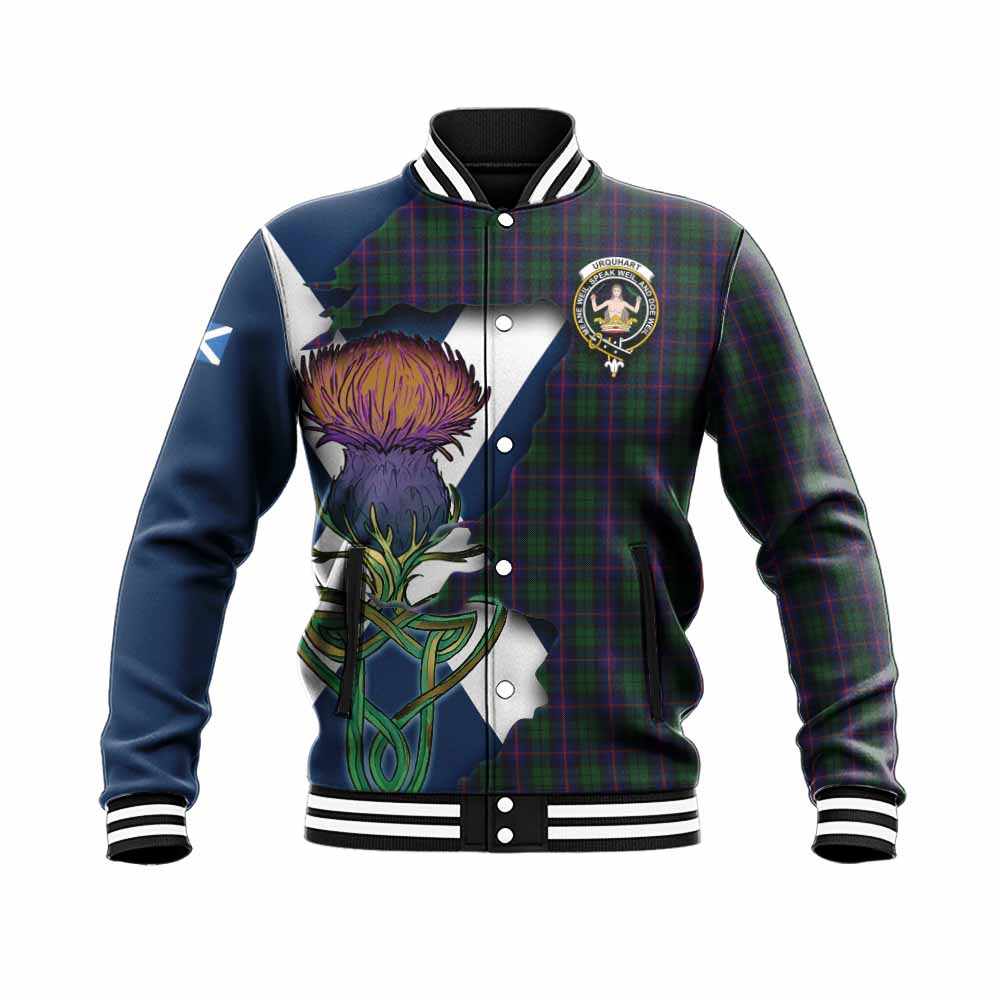 Tartan Vibes Clothing Urquhart Tartan Family Crest Baseball Jacket Scottish Thistle Celtic Inspired
