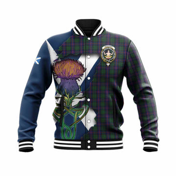 Tartan Vibes Clothing Urquhart Tartan Family Crest Baseball Jacket Scottish Thistle Celtic Inspired