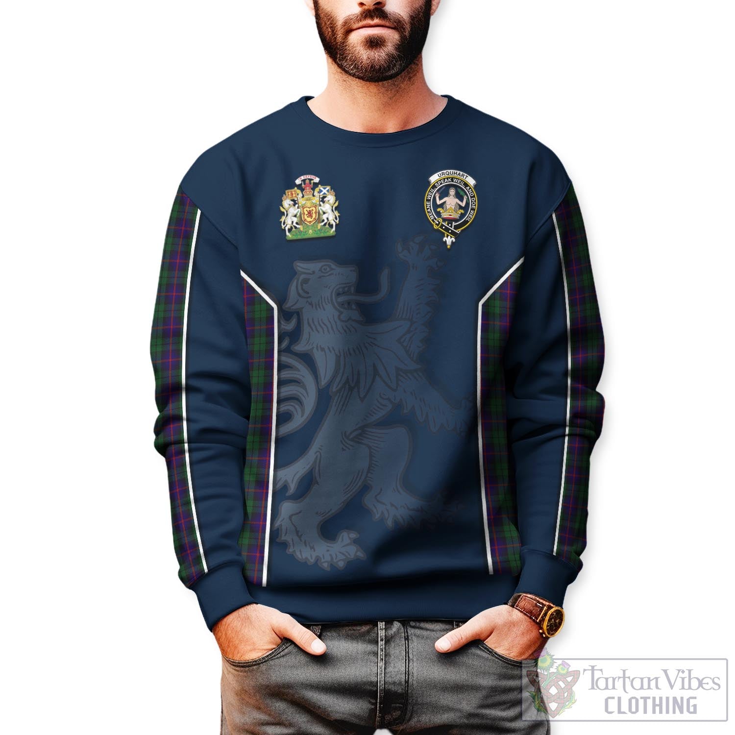 Tartan Vibes Clothing Urquhart Tartan Sweater with Family Crest and Lion Rampant Vibes Sport Style