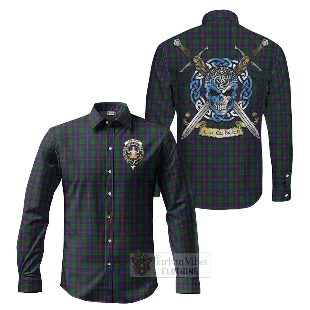 Tartan Vibes Clothing Urquhart Tartan Long Sleeve Button Shirt with Family Crest Celtic Skull Style