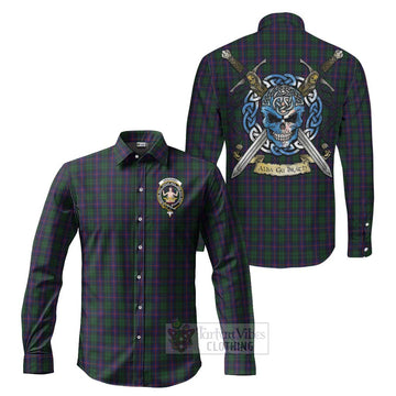 Tartan Vibes Clothing Urquhart Tartan Long Sleeve Button Shirt with Family Crest Celtic Skull Style