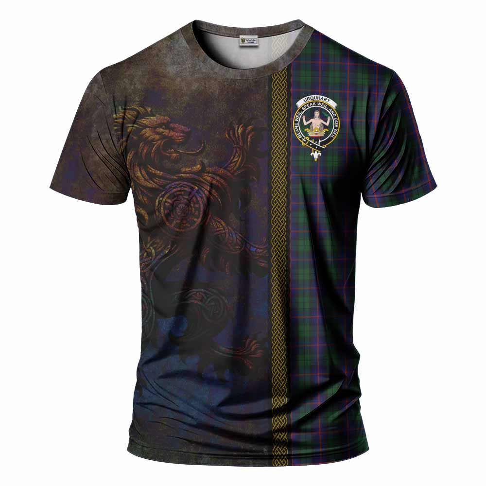 Tartan Vibes Clothing Urquhart Tartan Family Crest T-Shirt Alba Gu Brath Be Brave Lion Ancient Style