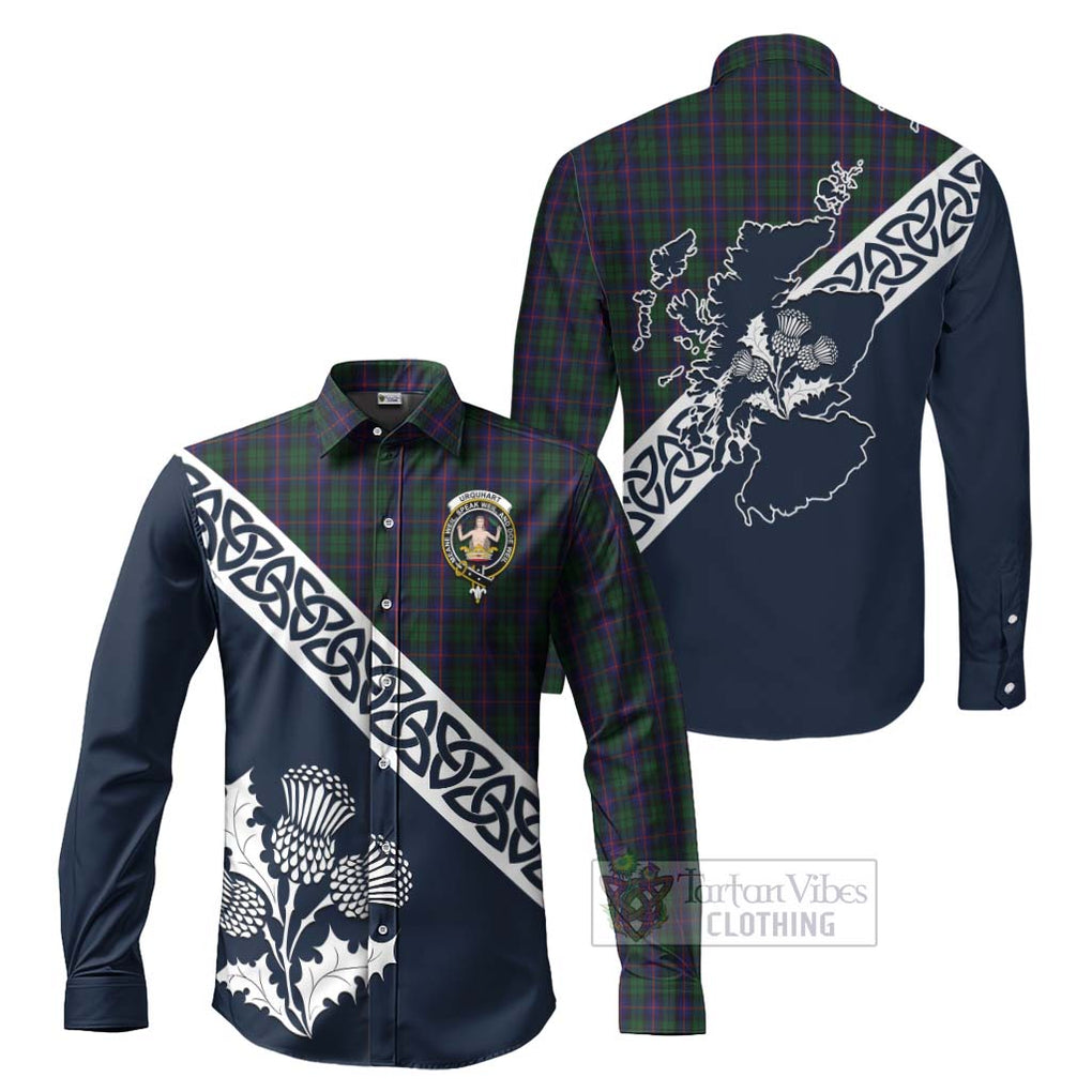 Tartan Vibes Clothing Urquhart Tartan Long Sleeve Button Shirt Featuring Thistle and Scotland Map
