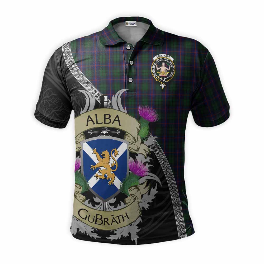 Tartan Vibes Clothing Urquhart Tartan Family Crest Polo Shirt Lion Rampant Royal Thistle Shield Celtic Inspired