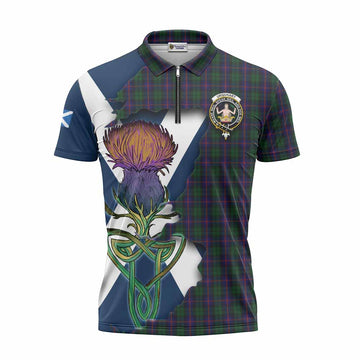 Urquhart Tartan Family Crest Zipper Polo Shirt Scottish Thistle Celtic Inspired